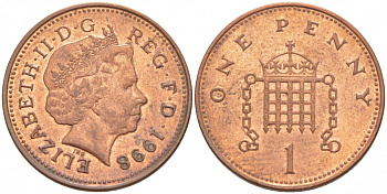 Великобритания 1 пенни 1998 Елизавета II (1952-2022) KM 986, Spink 4710 (B5) сталь плакированная медью UNC 3955-535