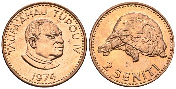 Тонга 2 сенити 1974 король Тауфа’ахау Тупоу IV (1967-2006), черепаха KM 28 бронза  UNC  220-1157