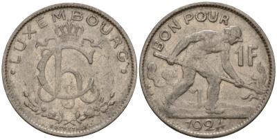 Люксембург 1 франк 1924 сталевар, Шарлотта (1918-1964) KM 35 никель 4603-1046