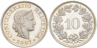 ШВЕЙЦАРИЯ 10 РАППЕНОВ 2007 В KM 27 медно-никель 55-547