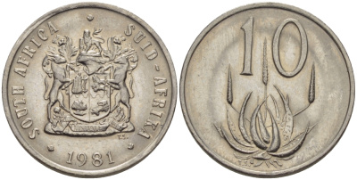 ЮАР 10 ЦЕНТОВ 1981 ГЕРБ, ЦВЕТОК АЛОЭ KM 85 никель 67-423