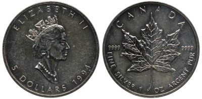 Канада 5 долларов 1994 кленовый лист KM 187 серебро UNC 00-00