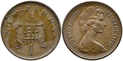 Великобритания 1 пенни 1974 Елизавета II (1952-2022) KM 915, Spink 4237 (B1) бронза 4387-656