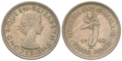 Родезия и Ньясаленд 3 пенса 1962 Елизавета II (1952-2022) KM 3 медно-никель UNC 4617-128