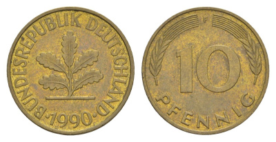 ФРГ 10 пфеннигов 1990 F KM 108, J. 383 сталь плакированная латунью 4627-127