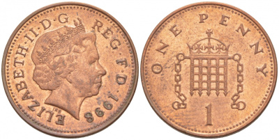 Великобритания 1 пенни 1998 Елизавета II (1952-2022) KM 986, Spink 4710 (B5) сталь плакированная медью UNC 3955-535