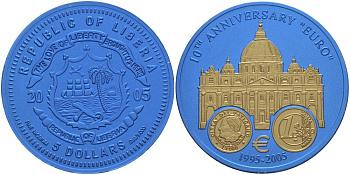 Либерия 5 долларов 2005 10 лет евро, страны еврозоны, Ватикан, с сертификатом, би-колор (два цвета), вес 7,78 гр., диаметр 35 мм.  ниобий  UNC  1081-7-62