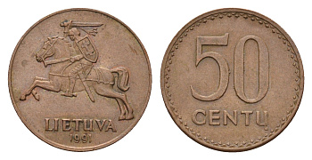 Литва 50 центов 1991 год-тип KM 90 бронза 4173-934