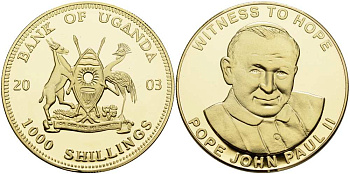 Уганда 1000 шиллингов 2003 папа Иоанн Павел II, "witness to hope", свидетель надежды, серебрение KM 240 латунь  PROOF 1088-4-51