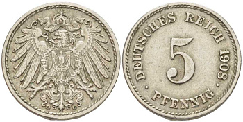 Германия 5 пфеннигов 1908 G KM 11, Jager 12, Weege 6 медно-никель 105-136