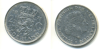 НИДЕРЛАНДЫ 2 1/2 ГУЛЬДЕНА 1971 ЮЛИАНА (1948-1980) KM 191 никель 84-1311