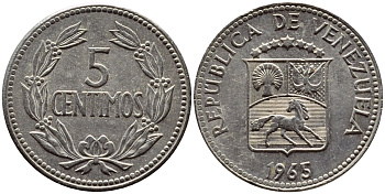 Венесуэла 5 сентимо 1965 KM 38.2 медно-никель 4392-922