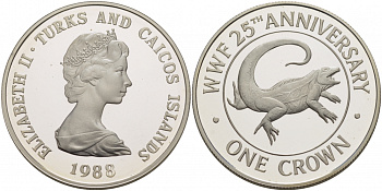 Теркс и Кайкос 1 крона 1988 серия 25 лет защиты окружающей среды, игуана КМ 64 a серебро PROOF 00-000-00