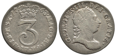 Великобритания 3 пенса 1763 Георг III (1760-1820) KM 591, Spink 3753 серебро 1523-1222