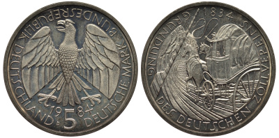 ФРГ 5 марок 1984 D, 150 лет основания немецкого таможенного союза KM 160, J.435 медно-никель плакированный никелем UNC 1520-1345