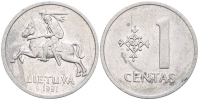 ЛИТВА 1 ЦЕНТ 1991 ПОГОНЯ KM 81 алюминий 4549-218