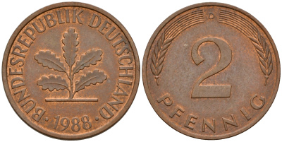 ФРГ 2 пфеннига 1988 D J.381a, KM 106a сталь плакированная медью    4598-919