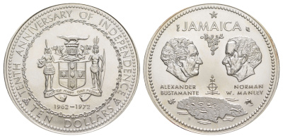 Ямайка 10 долларов 1972 10 лет независимости KM 60 серебро BU 1083-2-14