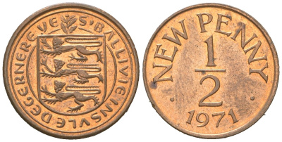 Гернси 1/2 нового пенни 1971 Елизавета II (1952-2022), герб KM 20 бронза aUNC 4392-617