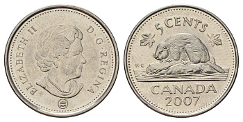 Канада 5 центов 2007 Leaf, Елизавета II (1952-2022), бобр KM 491 сталь плакированная никелем UNC 4689-468