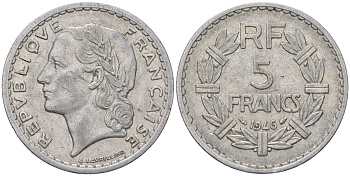 Франция 5 франков 1946 открытая 9 KM 888b.1, Le Franc 339 алюминий 4607-912