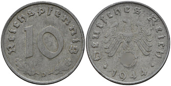 Германия 10 рейхспфеннигов 1944 D KM 101, J.371 цинк 4151-325