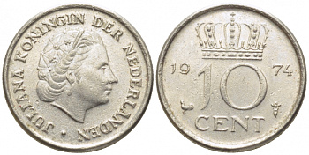 НИДЕРЛАНДЫ 10 ЦЕНТОВ 1974 ЮЛИАНА KM 182 никель 112-348