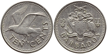 Барбадос 10 центов 1979 смеющаяся (Ацтекская) чайка KM 12 медно-никель 4396-1216