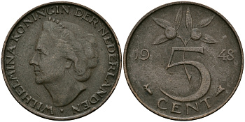 НИДЕРЛАНДЫ 5 ЦЕНТОВ 1948 ВИЛЬГЕЛЬМИНА KM 176 бронза 95-234