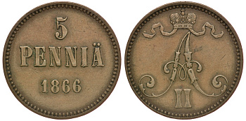 РОССИЯ ДЛЯ ФИНЛЯНДИИ 5 ПЕННИ 1866 Биткин 658 медь 633-1632