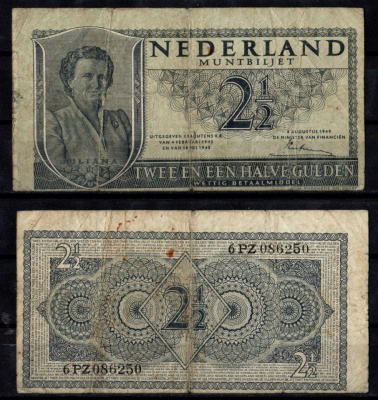 Нидерланды 2 1/2 гульдена 1949 Pick 73 бумага 7217-20-2-2