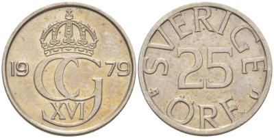 Швеция 25 эре 1979 U, Карл XVI Густав (1973- ) KM 851 медно-никель 4516-511