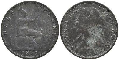 Великобритания 1/2 пенни 1877 Виктория (1837-1901) KM 754, Spink 3956 бронза 34-143