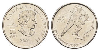Канада 25 центов 2007 XXI зимние Олимпийские Игры, Ванкувер 2010 - Хоккей KM 683 сталь плакированная никелем UNC 4652-1141