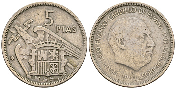 Испания 5 песет 1957 (58) Франциско Франко (1939-1975) KM 786 медно-никель 259-327