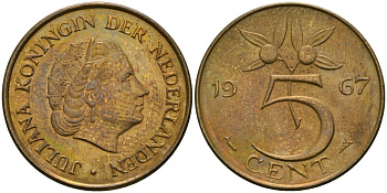 Нидерланды 5 центов 1967 Юлиана (1948-1980) KM 181 бронза 4579-623