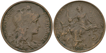 Франция 5 сантимов 1904 KM 842, Le Franc 119.5 бронза 51-1241