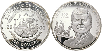 Либерия 100 долларов 2000 Джон Кеннеди, историческая речь в Берлине в 1963 году, Бранденбургские ворота, диаметр 80 мм., вес  250 грамм  серебро  PROOF  11-169-22-1