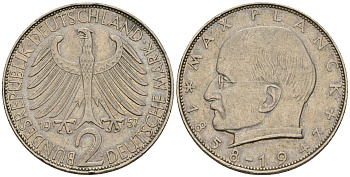 ФРГ 2 марки 1957 J , Макс Планк KM 116, J. 392 медно-никель плакированный никелем 60-1232