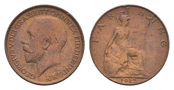 Великобритания 1 фартинг 1912 Георг V (1910-1936) KM 808.1, Spink 4059 бронза 4658-938