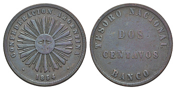 Аргентина 2 сентаво 1854 Аргентинская конфедерация KM 24 медь 413-615