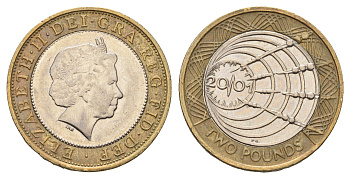 Великобритания 2 фунта 2001 Елизавета II (1952-2022), столетие трансатлантическому радио KM 1014, Spink 4572 (K11) биметалл 4111-445