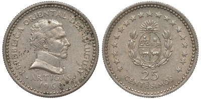 Уругвай 25 сентесимо 1960 KM 40 медно-никель 4532-249