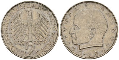ФРГ 2 марки 1957 J , Макс Планк KM 116, J. 392 медно-никель плакированный никелем 60-1232