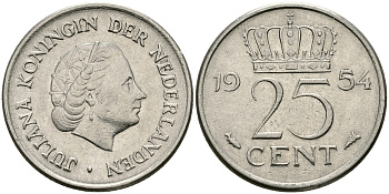 НИДЕРЛАНДЫ 25 ЦЕНТОВ 1954 ЮЛИАНА KM 183 никель 96-129