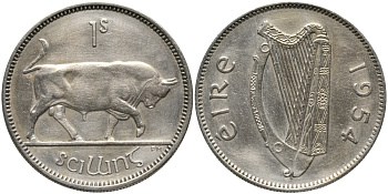 ИРЛАНДИЯ 1 ШИЛЛИНГ 1954 БЫК KM 14а медно-никель 89-446