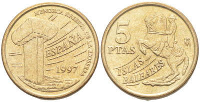 Испания 5 песет 1997 Хуан Карлос I (1975-2014), Балеарские острова, всадник KM 981 алюминиевая бронза 4549-815