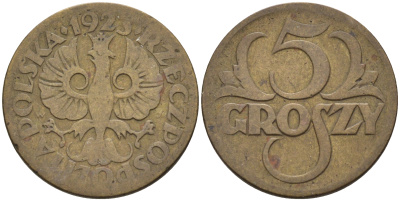 Польша 5 грошей 1923 год тип KM 10 латунь    4147-241