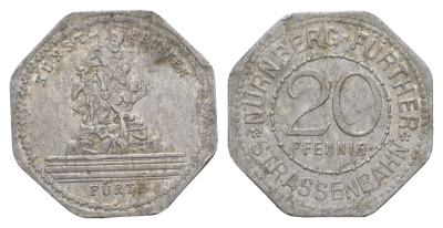 Нюрнберг трамвайный (транспортный) жетон в 20 пфеннигов ND (1920-1921) фонтан Men05 19256.20, Men18 24102.20 алюминий 4638-114