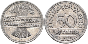 Германия 50 пфеннигов 1921 A KM 27, J.301, Weege 10 алюминий    4589-226